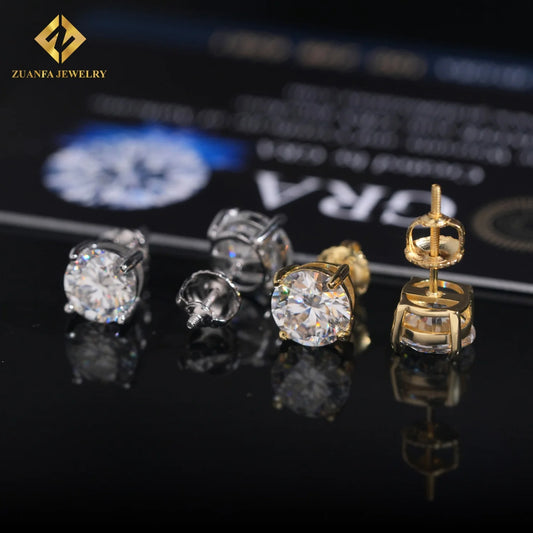 RTS Hip Hop Jewelry Iced Out 7.5mm Screw Back Round Ear Studs Vvs Moissanite Diamond 925 Sterling Silver Earrings