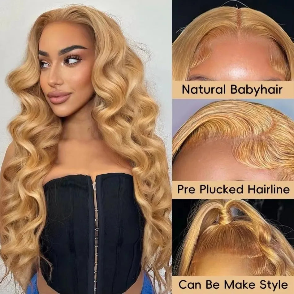 27# Honey Blonde Body Wave Wig Human Hair 13x6 HD Transparent Lace Frontal 200 Density Wig for Women Brazilian Colored Hair Wigs