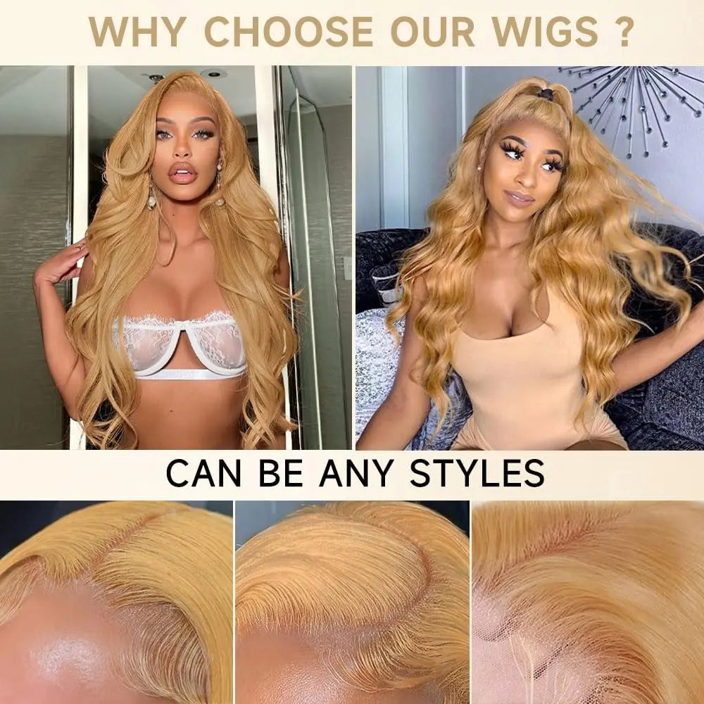 27# Honey Blonde Body Wave Wig Human Hair 13x6 HD Transparent Lace Frontal 200 Density Wig for Women Brazilian Colored Hair Wigs