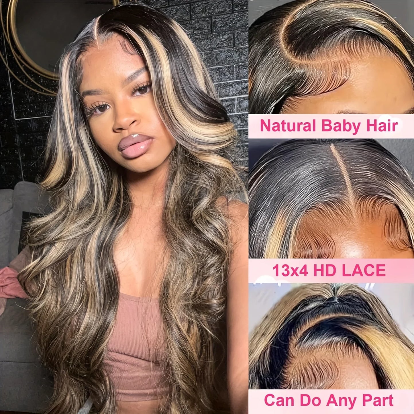 Transparent 13x4 Lace Frontal Body Wave Human Hair Wigs Brown Stripe Highlights Closure Lace Wig Pre Plucked for Women