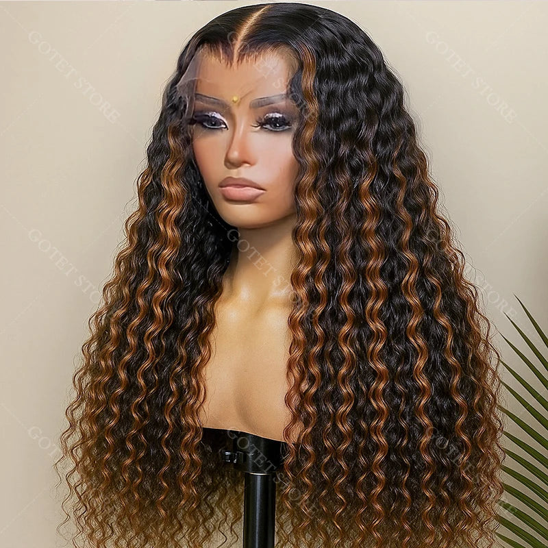 1B/27 Ombre Curly Wigs Brown 13x4 HD Lace Frontal Human Hair Wigs Wear and Go Glueless Wigs Highlight Deep Water Wave Wigs