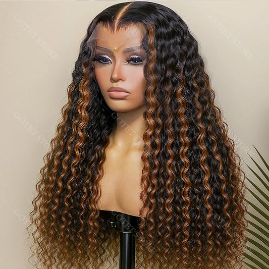 1B/27 Ombre Curly Wigs Brown 13x4 HD Lace Frontal Human Hair Wigs Wear and Go Glueless Wigs Highlight Deep Water Wave Wigs