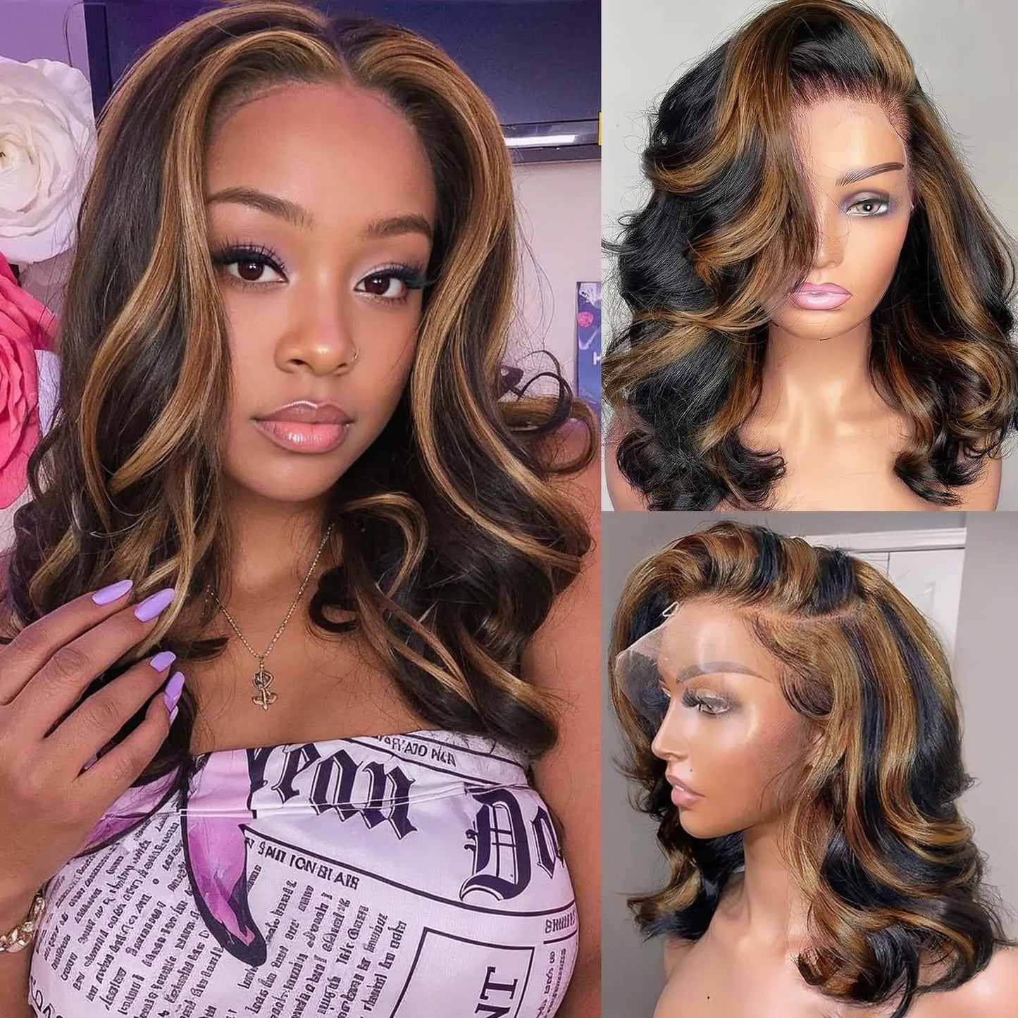 1B/30 Body Wave Short Bob Highlight Wig Short 13x4 Lace Frontal Human Hair Wig with Baby Hair Brazilian Virgin Hair Bob Wig