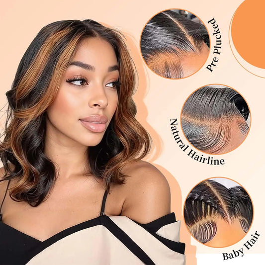 1B/30 Body Wave Short Bob Highlight Wig Short 13x4 Lace Frontal Human Hair Wig with Baby Hair Brazilian Virgin Hair Bob Wig