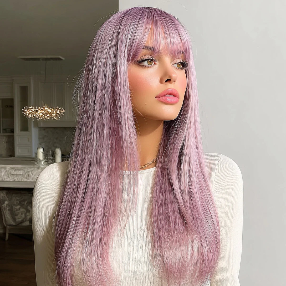 SM8022 Series 24 Inches Long Curly & Straight Synthetic Wig Pink Purple Color SM8022