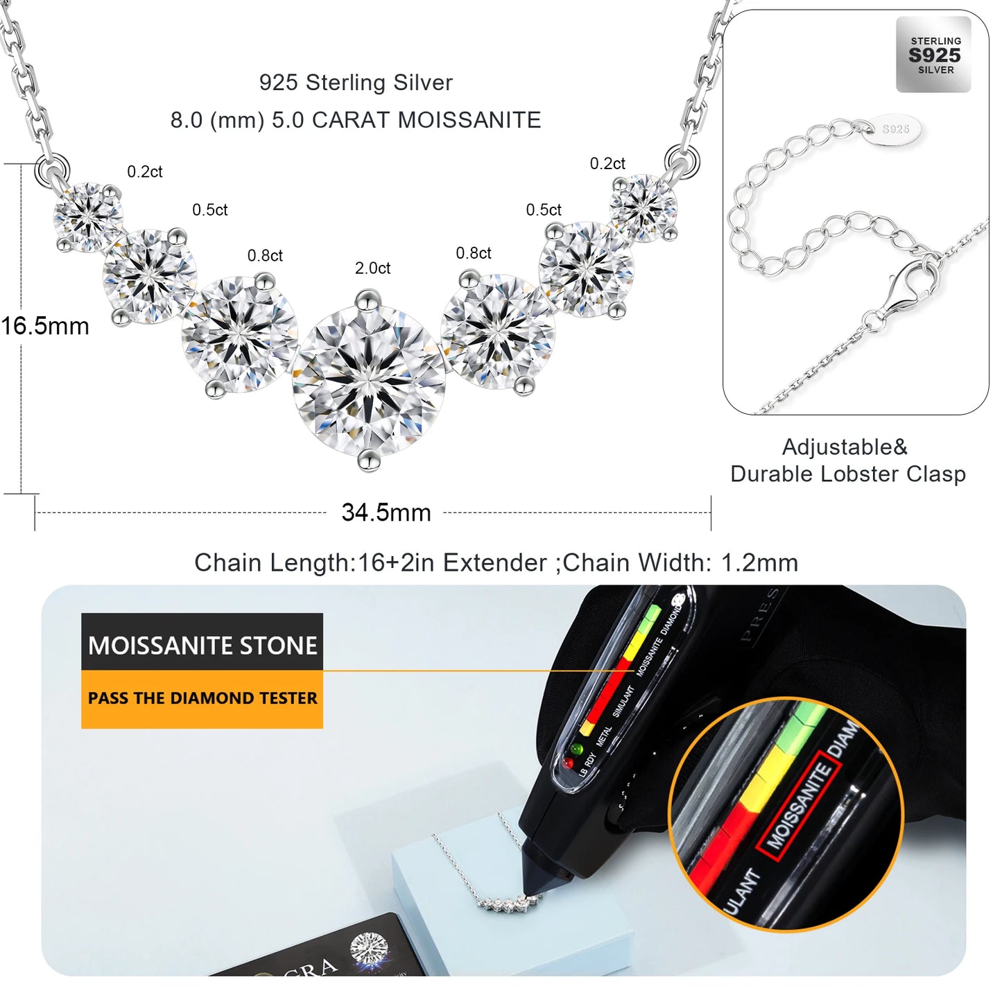 5CT VVS Moissanite Lab Diamond Charm Smile 925 Sterling Silver Chain 14K Gold Plated Women Jewelry Gifts Heart Pendant Necklace