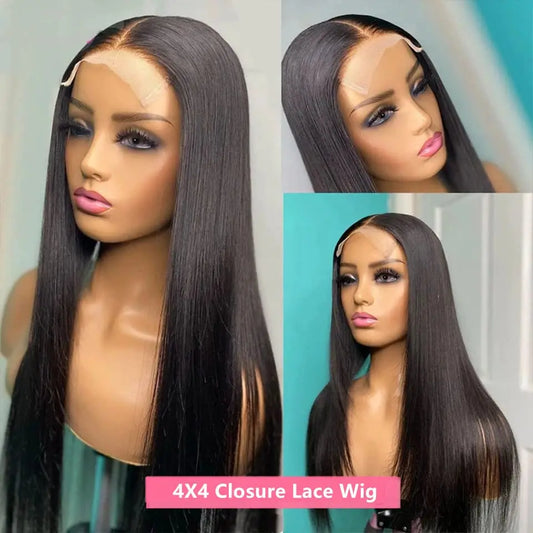 Long Silk Straight Style 4X4 Closure Wigs Natural Black Color 180% High Density Brazilian Human Hair Transparent Lace Wigs