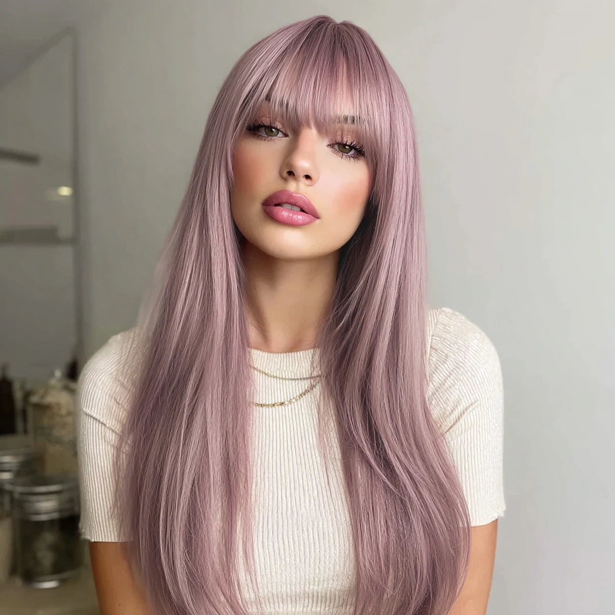 SM8022 Series 24 Inches Long Curly & Straight Synthetic Wig Pink Purple Color SM8022