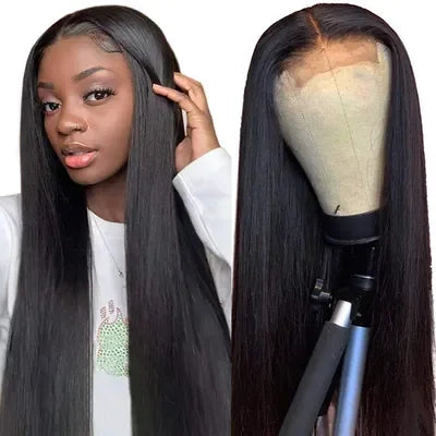 Long Silk Straight Style 4X4 Closure Wigs Natural Black Color 180% High Density Brazilian Human Hair Transparent Lace Wigs