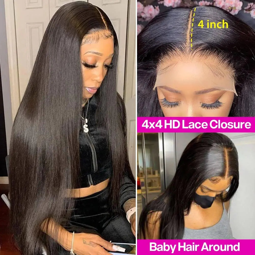 Body Wave Style 4X4 Closure Wigs Natural Black Color 180% High Density Brazilian Human Hair Transparent Lace Wigs