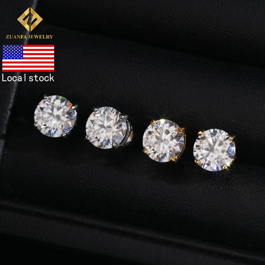 RTS Hip Hop Jewelry Iced Out 7.5mm Screw Back Round Ear Studs Vvs Moissanite Diamond 925 Sterling Silver Earrings
