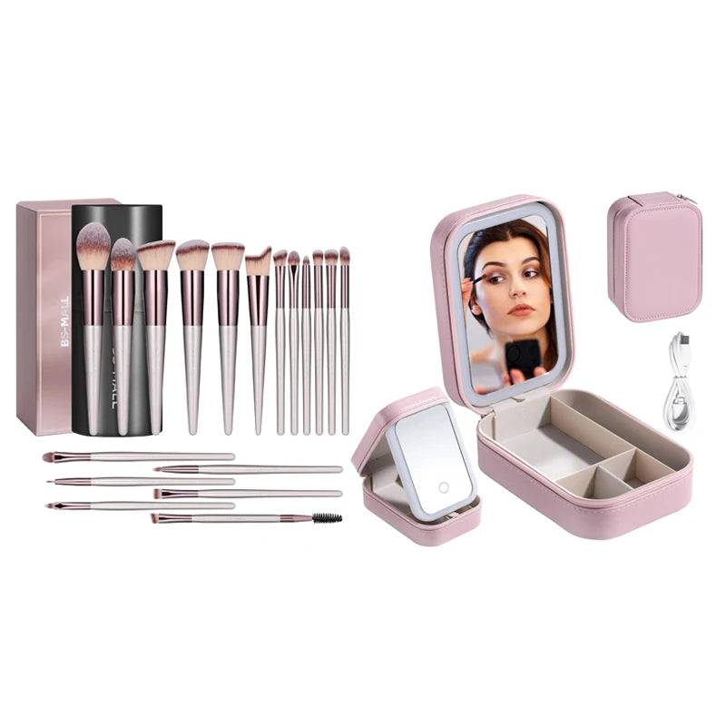 BS-MALL Makeup Brushes with Case Set Portable LED Mirror Makeup Jewelry Storage Case Travel Makeup Tool Kits