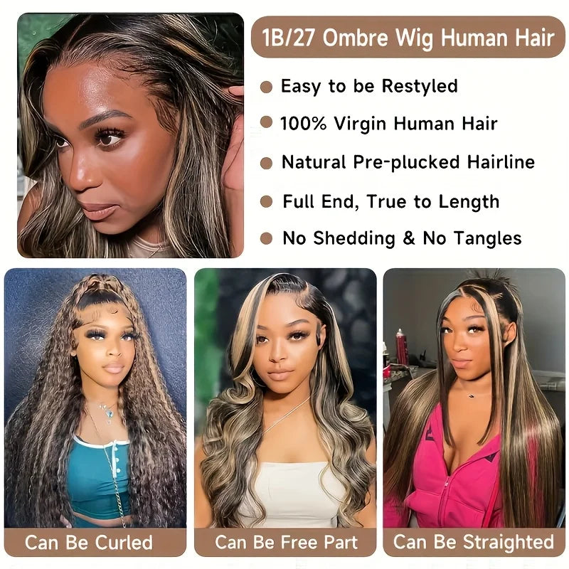 Transparent 13x4 Lace Frontal Body Wave Human Hair Wigs Brown Stripe Highlights Closure Lace Wig Pre Plucked for Women