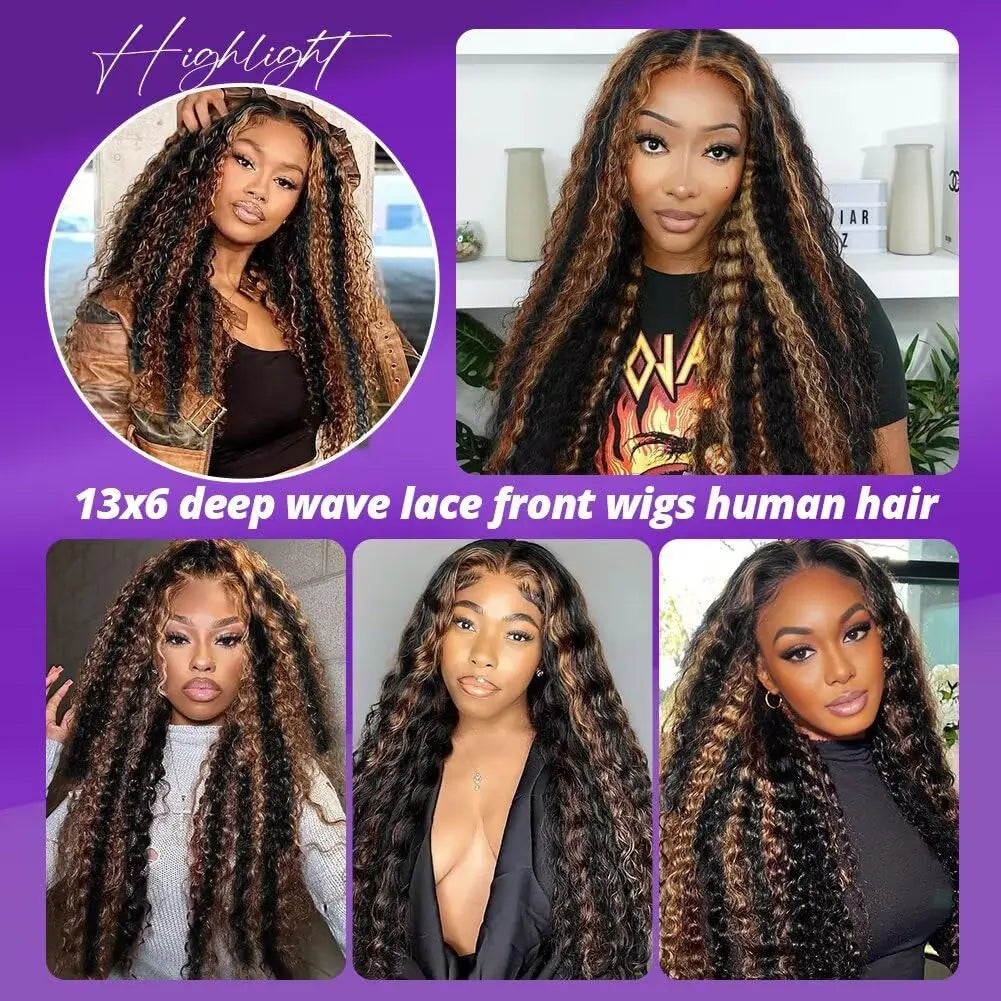 1B/27 Ombre Curly Wigs Brown 13x4 HD Lace Frontal Human Hair Wigs Wear and Go Glueless Wigs Highlight Deep Water Wave Wigs