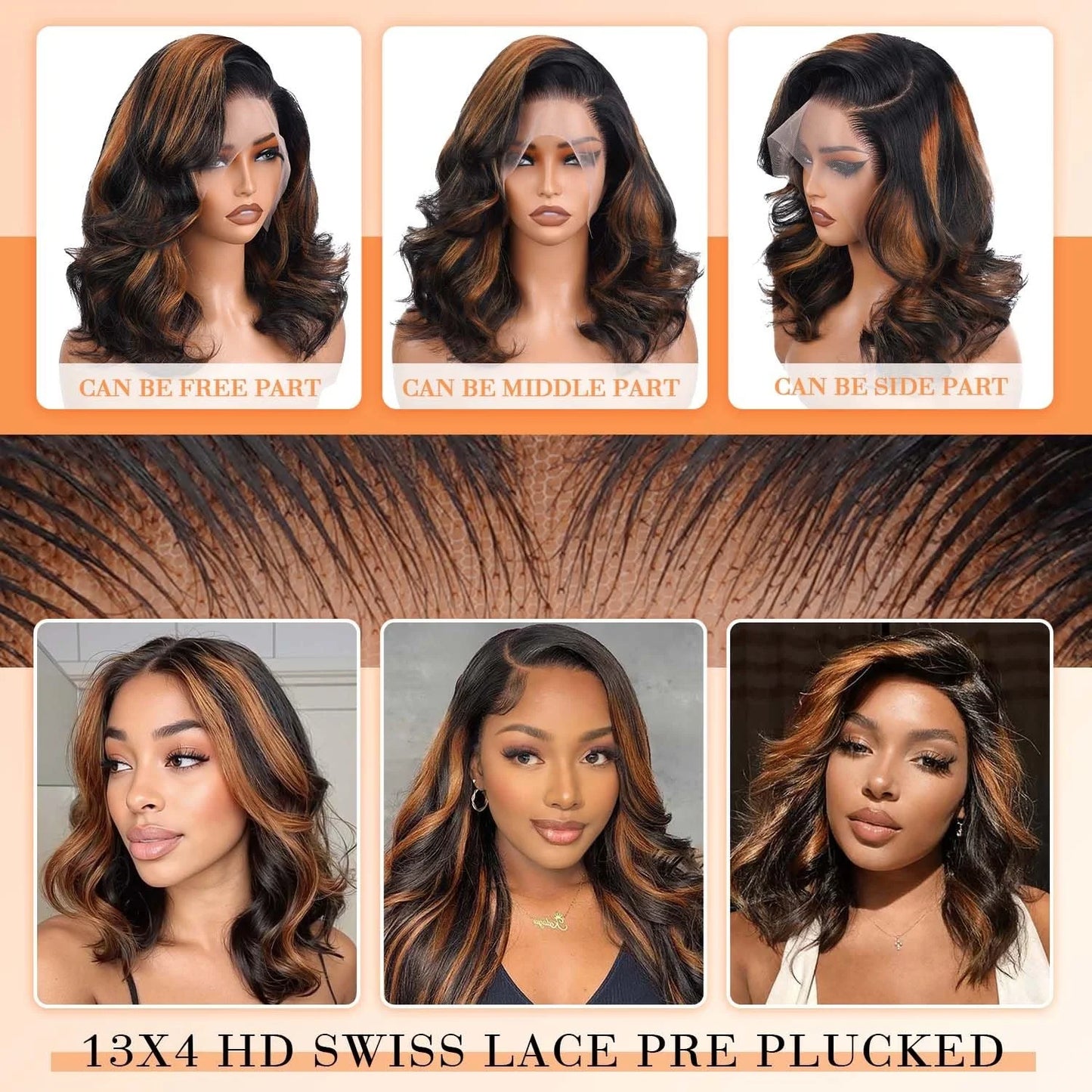1B/30 Body Wave Short Bob Highlight Wig Short 13x4 Lace Frontal Human Hair Wig with Baby Hair Brazilian Virgin Hair Bob Wig