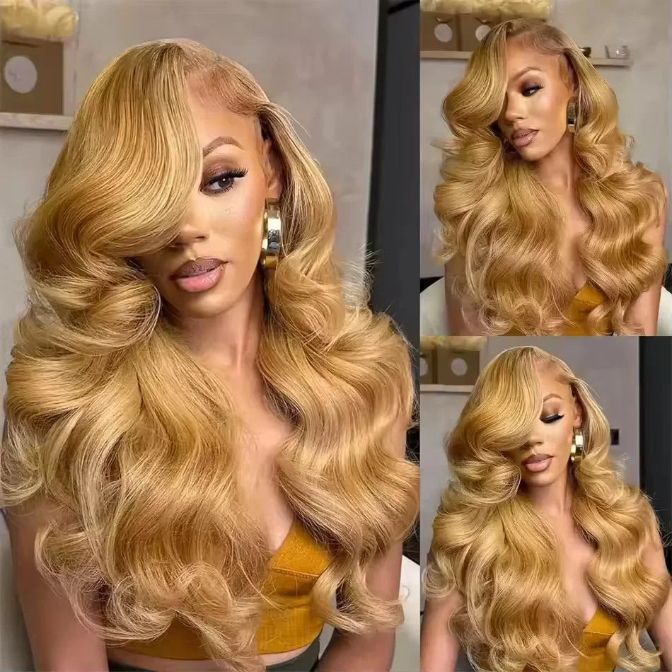 27# Honey Blonde Body Wave Wig Human Hair 13x6 HD Transparent Lace Frontal 200 Density Wig for Women Brazilian Colored Hair Wigs