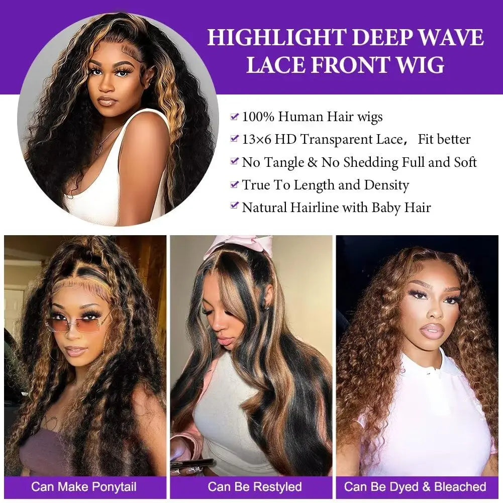 1B/27 Ombre Curly Wigs Brown 13x4 HD Lace Frontal Human Hair Wigs Wear and Go Glueless Wigs Highlight Deep Water Wave Wigs